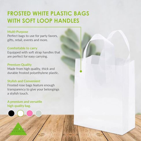 Prime Line Packaging Clear Gift Bags with Handles, Frosted Plastic Shopping Tote for Girls, Small Business, Boutiques, Retail, Bulk, 6x3x9 100 Pack in Kuwait