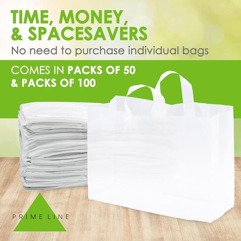 Prime Line Packaging Clear Gift Bags with Handles, Frosted Plastic Shopping Tote for Girls, Small Business, Boutiques, Retail, Bulk, 6x3x9 100 Pack in Saudi Arabia
