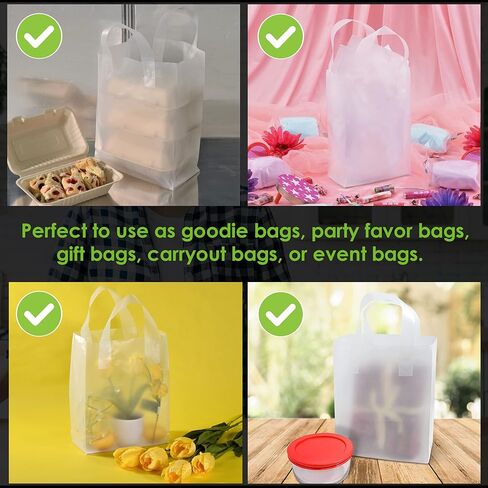 Prime Line Packaging Clear Gift Bags with Handles, Frosted Plastic Shopping Tote for Girls, Small Business, Boutiques, Retail, Bulk, 6x3x9 100 Pack in Kuwait
