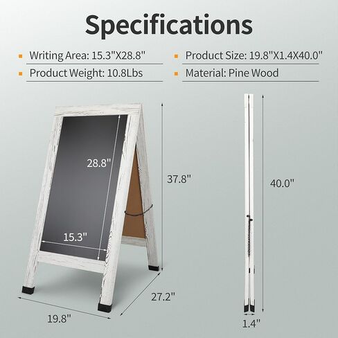 SHANTRA 40" x 20" Wood Rustic A-Frame Chalkboard Signs, Double-Sided Magnetic Chalkboard, Chalk Board Sign Board, Chalkboard Easel, Menu Board for Restaurant, Business or Wedding - Heavy Duty Hinges in Kuwait