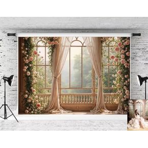 Kate Spring Pink Flowers Backdrop Window Room Background Whie Curtain Green Tree Photo Background Studio Props,10x6.5ft