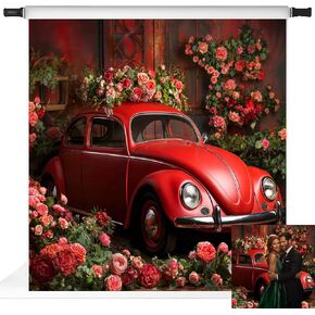 Kate Spring Backdrops Red Car Flowers Season Holiday Valentines Photo Party Decorations Valentine's Studio Props, 7x5ft
