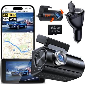 Dual Dash Cam Front and Rear, 4K/2.5K 60FPS, Full HD Dash Camera for Cars with Free 64GB Card, Built-in 5GHz WiFi, GPS, Audio Alert, Super Night Vision, 24H Parking Mode