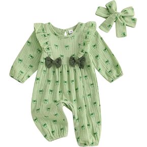 SAYOO Newborn Baby Girl St Patricks Day Outfit Clover and Bow Print Cotton Linen Romper Jumpsuit Long Bodysuit Overalls