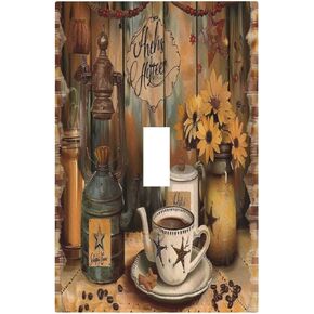 Decorative Switch Plate Covers Vintage Coffee Pot Star Farmhouse Wood Plank 1 Gang Wall Plate Single Toggle Light Switch Cover Plate Jumbo Electrical Switchplate Receptacle Faceplate