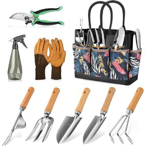 Gardening Tools 9-Piece Heavy Duty Gardening Hand Tools with Fashion and Durable Garden Tools Organizer Handbag,Rust-Proof Garden Tool Set, Ideal Gardening Gifts for Women