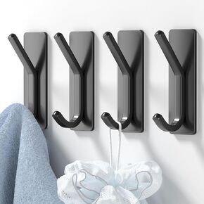 Adhesive Wall Hooks for Hanging - Matte Black Adhesive Hooks Stick on Wall for Hanging Towel, Robe, Self Adhesive Dual Hooks for Bathroom, Kitchen, 4 Pack