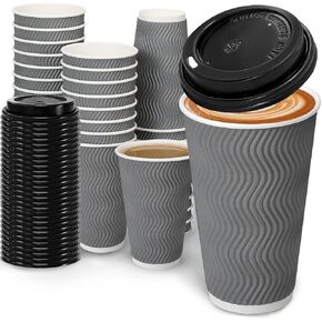 16oz Coffee Cups with Lid, 100 Pack Insulated Ripple Paper Cups, Disposable Coffee Cups for Water, Juice, Coffee (Gray 16oz)