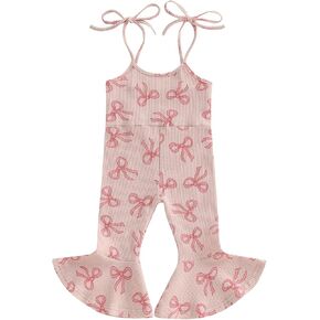 Toddler Kids Baby Girl Summer Clothes Bell-Bottom Jumpsuit Romper Overalls Heart Print Flare Pants Outfits