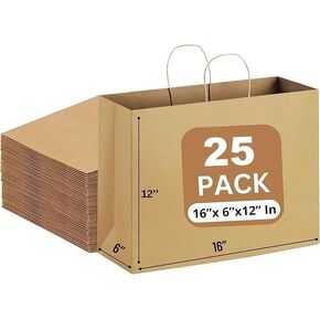 JET PAPER BAGS - 16"x 6"x12" Inch [50 Pcs] Large Brown Paper Bags with Handles Prime for Takeout, Grocery, Goody, Retail, Party, Gifts, Weddings - Recyclable Kraft Paper Gift Bags with Handles