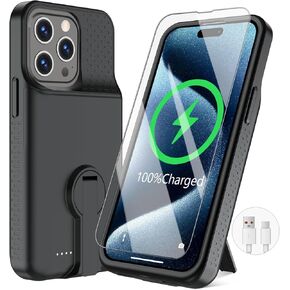 Battery Case for iPhone 13/13 Pro/14/14 Pro, Charging Case with Stand 7000mAh Rechargeable Ultra-Slim Anti-Fall Protection Extended Charger Cover for iPhone 14/14Pro/13/13 Pro Battery Case 6.1" Black