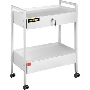 VEVOR Lab Cart, 2 Tiers Stainless Steel Utility Cart Medical Cart 2 Drawers Rolling Lab Cart White Paint Serving Cart with 360° Casters for Laboratory Hospital Dental Office Salon Beauty