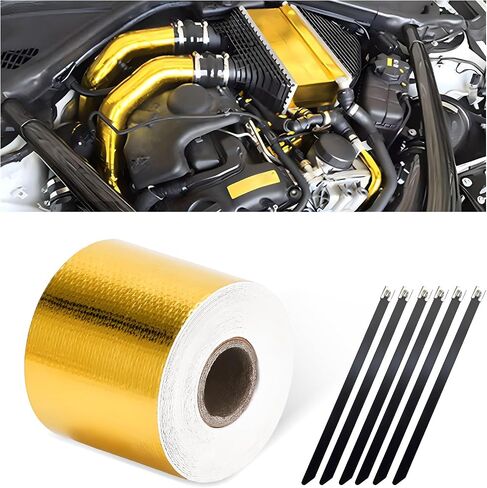 Heat Shield Reflective Tape, 2"×16.4FT Adhesive Backed Heat Barrier Tape Roll, Gold High-Temperature Self Adhesive Reflect Backed Sheet Compatible with Car Intake Pipe Engine Bay in Saudi Arabia