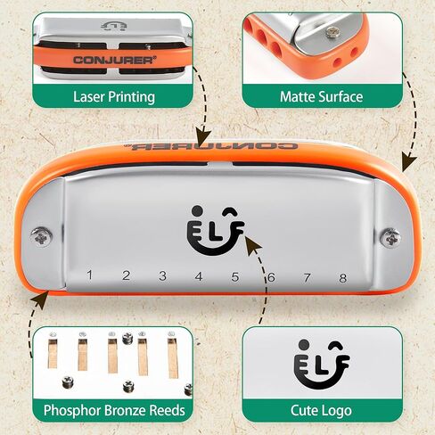 conjurer 8 حفرة البلوز هارمونيكا للأطفال البالغين، C مفتاح هارمونيكا الفم الجهاز للمبتدئين المحترفين، البلوز القيثارة مع حالة رائعة، آلة موسيقية، كهدية، أبيض in Kuwait