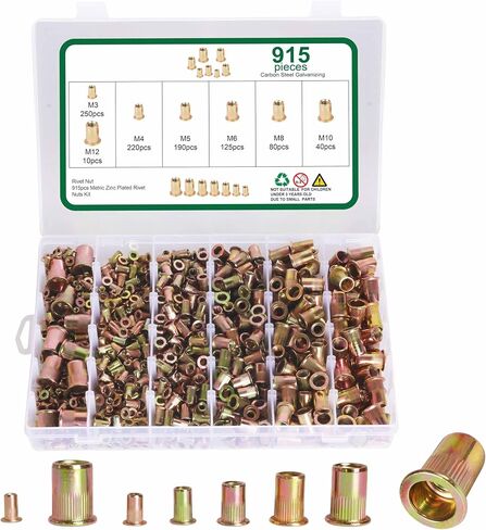 طقم صواميل برشام 915 قطعة، مجموعة متنوعة من صامولة التثبيت SAE، 6#-32، 8#-32، 10#-24، 1/4"-20، 5/16"-18، 3/8"-16، 1/ 2 "-13، مجموعة صواميل الجلفنة المصنوعة من الفولاذ الكربوني من Rivnuts Nutserts in Kuwait