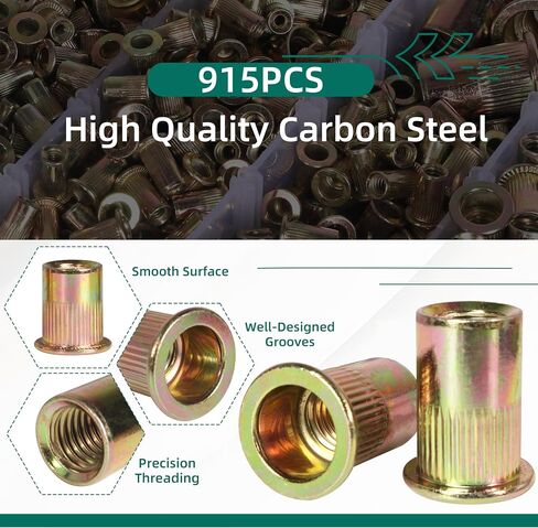 طقم صواميل برشام 915 قطعة، مجموعة متنوعة من صامولة التثبيت SAE، 6#-32، 8#-32، 10#-24، 1/4"-20، 5/16"-18، 3/8"-16، 1/ 2 "-13، مجموعة صواميل الجلفنة المصنوعة من الفولاذ الكربوني من Rivnuts Nutserts in Kuwait