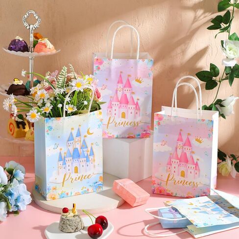 24 Pcs Princess Prince Party Favor Bags Prince Princess Castle Party Bags Princess Treat Bags with Handles Candy Goodie Bags for Gender Reveal Party Baby Shower Wedding Supplies (Princess and Prince) in Saudi Arabia
