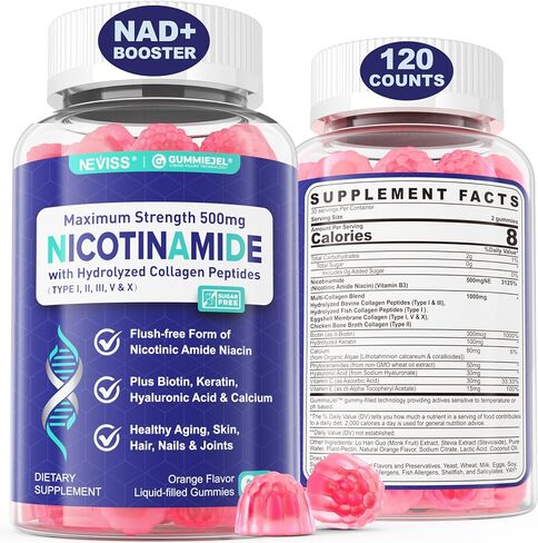 Nicotinamide 500mg Filled Gummies, (Flush Free Niacin) Vitamin B3 Niacinamide w/Collagen Peptides, Hyaluronic Acid, Keratin & Biotin for Healthy Aging, Improve NAD+ Level, 0g Sugar, 60Cts in Saudi Arabia