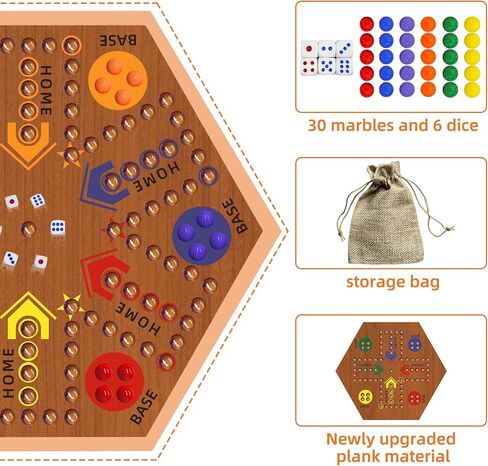 Wooden Board Game, Aggravation Board Game Original Marble Game Double Sided Painted 2 to 6 Player Fast Track Board Game Wooden with 6 Colors 24 Marbles 6 Dice for Adults Kids Family(15 INCH) in Kuwait