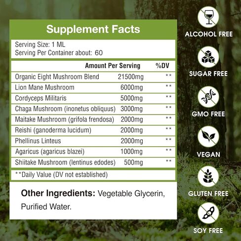 سائل عرف الأسود، مكمل فطر عرف الأسود العضوي، 8 مجمع فطر - نباتي، صبغة عرف الأسد للتركيز العقلي والوضوح ودعم المناعة - 4 أونصة سائلة in Kuwait