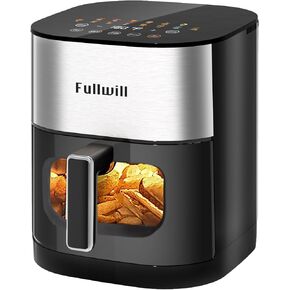 Fullwill Vision Pro 6QT Air Fryer with Large Square Viewing Window,Base and Upper Heating,12 Presets for Chicken Wings,Steak,Fries,Pizza and More,Non-Stick and PFOA-Free,Fast and Oil Free Cooking