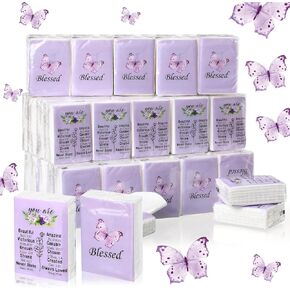 Harloon 100 Pack Christian Facial Tissues Purple Butterfly Pocket Tissues Wallet Size Travel Tissues Individual 3 Ply Mini Facial Tissue Bulk for Wedding Travelling Graduation, 7 Sheets Per Pack