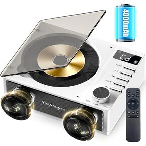 4000mAh Rechargeable CD Player with Dual Speakers, Bluetooth Desktop CD Player with FM Radio,CD Boombox with Remote Control, LCD Display, Support USB/TF Card/AUX/3.5mm Headphone Jack for Home