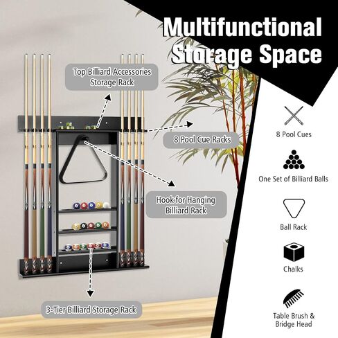 LDAILY Pool Cue Rack Only, Wooden Pool Cue Holder, Holds 8 Cues, 15 Billiard Balls & Ball Rack, Pool Stick Holder Wall Mount for Billiard Room, Club & Man Cave, 31" L x 3" W x 36" H (Coffee) in Saudi Arabia