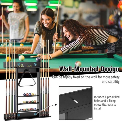 LDAILY Pool Cue Rack Only, Wooden Pool Cue Holder, Holds 8 Cues, 15 Billiard Balls & Ball Rack, Pool Stick Holder Wall Mount for Billiard Room, Club & Man Cave, 31" L x 3" W x 36" H (Coffee) in Saudi Arabia