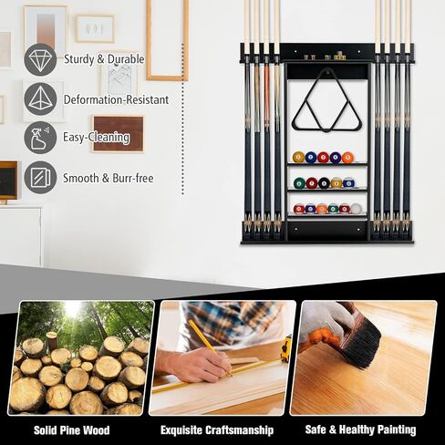 LDAILY Pool Cue Rack Only, Wooden Pool Cue Holder, Holds 8 Cues, 15 Billiard Balls & Ball Rack, Pool Stick Holder Wall Mount for Billiard Room, Club & Man Cave, 31" L x 3" W x 36" H (Coffee) in Saudi Arabia