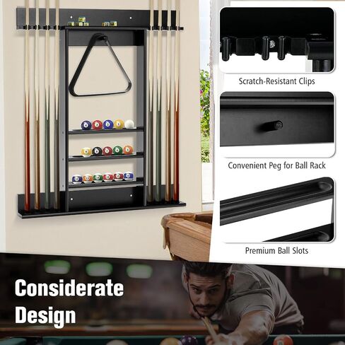 LDAILY Pool Cue Rack Only, Wooden Pool Cue Holder, Holds 8 Cues, 15 Billiard Balls & Ball Rack, Pool Stick Holder Wall Mount for Billiard Room, Club & Man Cave, 31" L x 3" W x 36" H (Coffee) in Saudi Arabia