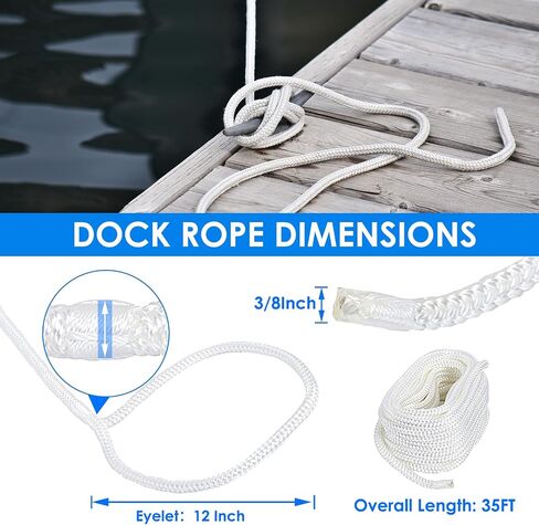 Amarine Made 3/8 Inch 35 FT Double Braid Nylon Dockline Dock Line Mooring Rope Eye: 12";Safe Workload: 660 Lbs;Tensile Strength: 3300 Lbs (Blue) in Saudi Arabia