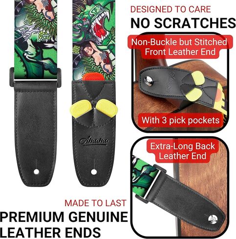Amumu Reggae Marijuana Leaf Guitar Strap for Acoustic, Electric, and Bass Guitars with Strap Blocks & Headstock Strap Tie - 2" Wide in Kuwait