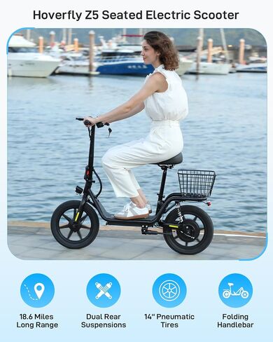 Hoverfly 14" Electric Scooter with Seat Adult, 550W/750W Peak Motor, 18.6/25 Miles Range, 15.5/22Mph Max Speed, Height-Adjustable Comfort Seat, Commuter Escooter with Carry Basket&Accessories in Saudi Arabia