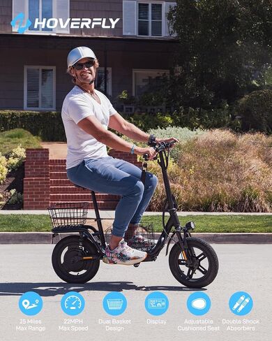 Hoverfly 14" Electric Scooter with Seat Adult, 550W/750W Peak Motor, 18.6/25 Miles Range, 15.5/22Mph Max Speed, Height-Adjustable Comfort Seat, Commuter Escooter with Carry Basket&Accessories in Saudi Arabia