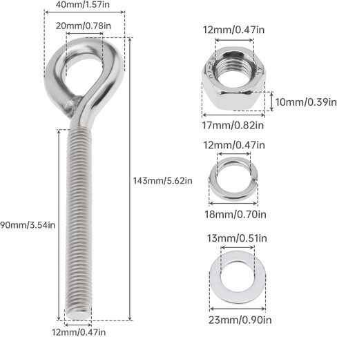 2Pcs M12 Stainless Steel Eye Bolt with Nut and Washers Long Shank Threaded Rod Round Hook Eyelet Bolt Screw (Hook Head) in Saudi Arabia