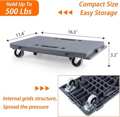 Furniture Dolly,Furniture Movers Dollys with Wheels,16in-11in 500lbs Capacity,Moving Dolly 4 Wheels Heavy Duty,4 Wheels Small Flat Dolly, 2 Pack, Light Gray in Saudi Arabia
