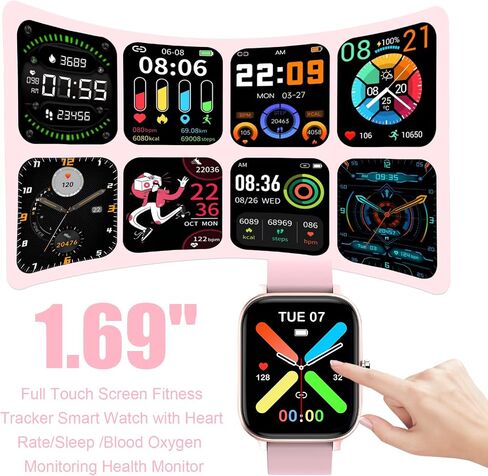 Smart Watch for Men Women Compatible with iPhone Samsung Android Phone 1.69 inch Full Touch Screen IP68 Waterproof Bluetooh Fitness Tracker Heart Rate/Sleep Monitor (Black) in Saudi Arabia