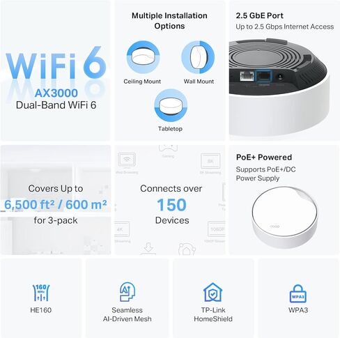 TP-Link Deco AX3000 Poe Mesh WiFi (DECO X50-POE) ، شبكة WIFI 6 سقف/جدار ، لاستبدال جهاز توجيه WiFi ، نقطة الوصول ومدى الموسع ، منافذ POE ، 2 منافذ POE (1 × 2.5G ، 1 X Gigabit ) ، 1 حزمة in Kuwait
