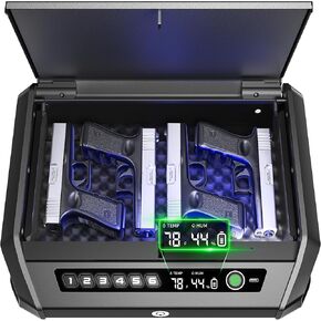 Gun Safe with LCD Display, ≤0.1s Quick Access Handgun Safe for 2-4 Pistols, Hand Gun Lock Box with Fingerprint | Keypad | and Keys for Home Drawer Bedside Nightstand