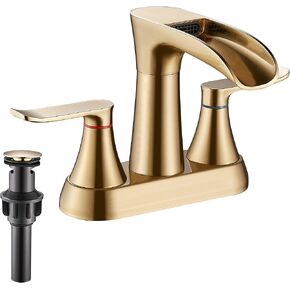 YUNDOOM Bathroom Faucet, 4 Inch Centerset, Waterfall, 2 Handle, Matte Black, 3 Hole, 360 Degree Swivel Spout, Pop Up Drain Included