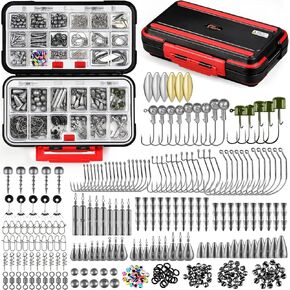 PLUSINNO 253/397pcs Fishing Accessories Kit, Fishing Tackle Box with Tackle Included, Fishing Hooks, Fishing Weights Sinkers, Spinner Blade, Fishing Gear for Bass, Bluegill, Crappie, Fishing