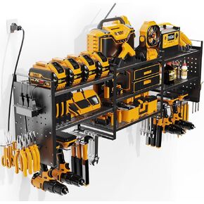 Power Tool Organizer Wall Mount with Charging Station, 45.5" Expanded Garage Wall Tool Organizer with 4 Pegboard Hooks, 6.5FT Outlet Power Strip, Large Garage Storage Rack for Impact Wrenches