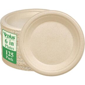 Vplus 150 Pack Paper Plates 9 inch 100% Compostable Plates Heavy-Duty Disposable Paper Plates Bagasse Natural Biodegradable Eco-Friendly Sugarcane Plates（White）