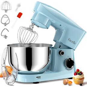 Facelle Stand Mixer, 10-Speed 6QT Kitchen Electric Mixer, Tilt-Head Food Mixer with Beater, Dough Hook, Wire Whip and Egg Separator, scraper for Most Home Cooks - Silver