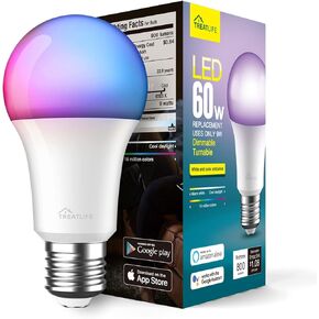TREATLIFE Smart Light Bulbs 4 Pack, UL Certified 2.4GHz Color Changing Light Bulb, Works with Alexa Google Home, A19 E26 Dimmable LED Light Bulb 9W 800 Lumen for Party Decoration, Smart Home Lighting