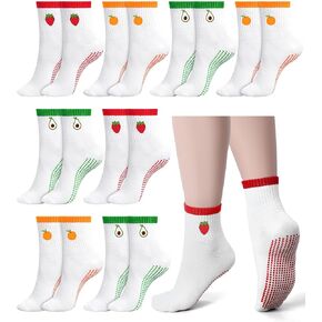 Jeyiour 9 Pairs Non Skid Socks Cute Non-slip Crew Socks with Embroidered Design Fruit Pilates Socks for Women Sports