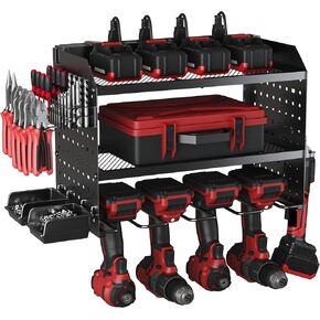 Power Tool Organizer Wall Mount with Charging Station, Garage 4 Drill Holders Wall Mount, 8 Outlet Power Strip, Heavy Duty Metal Power Tool Storage Rack Tool Shelf, Gifts for Men Dad Husband Christmas