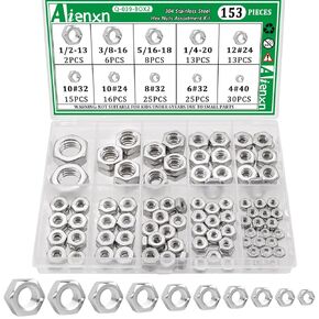 153PCS Hex Nut Set, 304 Stainless Steel Hardware Nuts, 10 SAE Sizes - 4#40, 6#32, 8#32, 10#24, 10#32, 12#24, 1/4-20, 5/16-18, 3/8-16, 1/2-13, Hex Nut Kit