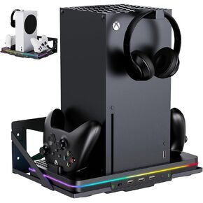 Wall Mount with Cooling Charging Stand for Xbox Series X/S,Vertical Dual Controller Charger Station Compatible Xbox Series X/S Console Accessories with Cooling Fan,3 USB Ports&2 Headset Stand